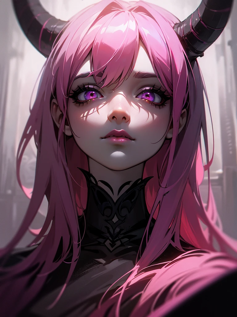 a demon with black horns, pink hair, demon tail, beautiful detailed eyes, beautiful detailed lips, extremely detailed face, long eyelashes, detailed portrait, dark fantasy, dramatic lighting, cinematic, moody, chiaroscuro, ethereal, otherworldly, dark magic, supernatural, mystical, dramatic pose, intense expression, glowing eyes, intricate details, rich colors, deep shadows, high contrast, photorealistic, 8k, masterpiece