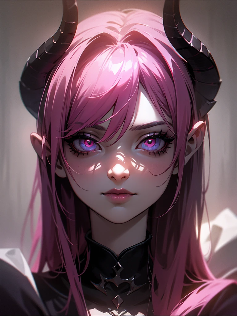 a demon with black horns, pink hair, demon tail, beautiful detailed eyes, beautiful detailed lips, extremely detailed face, long eyelashes, detailed portrait, dark fantasy, dramatic lighting, cinematic, moody, chiaroscuro, ethereal, otherworldly, dark magic, supernatural, mystical, dramatic pose, intense expression, glowing eyes, intricate details, rich colors, deep shadows, high contrast, photorealistic, 8k, masterpiece