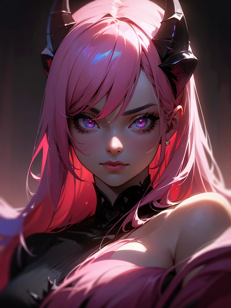 a demon with black horns, pink hair, demon tail, beautiful detailed eyes, beautiful detailed lips, extremely detailed face, long eyelashes, detailed portrait, dark fantasy, dramatic lighting, cinematic, moody, chiaroscuro, ethereal, otherworldly, dark magic, supernatural, mystical, dramatic pose, intense expression, glowing eyes, intricate details, rich colors, deep shadows, high contrast, photorealistic, 8k, masterpiece