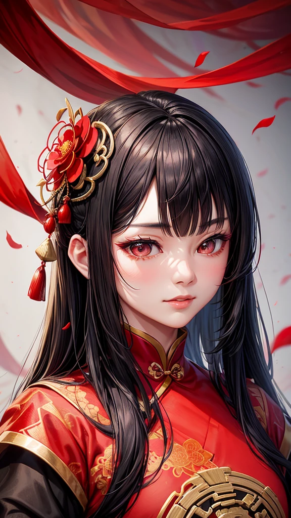 Chinese ancient style handsome girl,frontal close-up,facial close-up,black long hair,wearing ancient Chinese red wedding clothes,wedding clothes with patterns,red petals flying in the air,the background is a gorgeous wedding palace,delicate facial features,details painting,fantasy art,animation aesthetics, HD 8 --ar 9:16 --niji 5