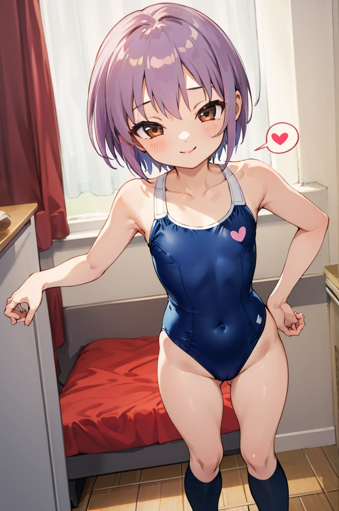masterpiece, best quality, highres, ny1,,looking viewer,,spoken heart,,(petite), ,swimsuits,leotard,socks,expressionless,my room,smile,standing