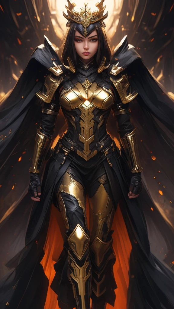 A woman adorned in fantasy-style full-body armor, a crown-concept fully enclosed helmet that unveils only her eyes, a composite layered chest plate, fully encompassing shoulder and hand guards, a lightweight waist armor, form-fitting shin guards, the overall design is heavy-duty yet flexible, (the armor gleams with a golden glow, complemented by red and blue accents), exhibiting a noble aura, she floats above a fantasy-surreal high-tech city, this character embodies a finely crafted fantasy-surreal style armored hero in anime style, exquisite and mature manga art style, (mixture of Queen bee and Spider concept Armor, plasma), ((Element, elegant, goddess, femminine:1.5)), metallic, high definition, best quality, highres, ultra-detailed, ultra-fine painting, extremely delicate, professional, anatomically correct, symmetrical face, extremely detailed eyes and face, high quality eyes, creativity, RAW photo, UHD, 32k, Natural light, cinematic lighting, masterpiece-anatomy-perfect, masterpiece:1.5
