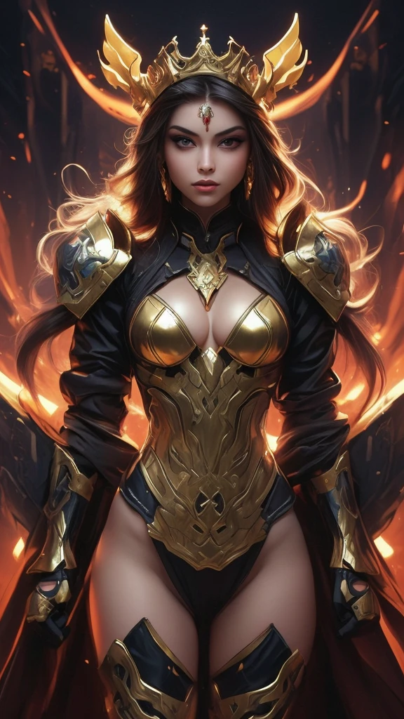 A woman adorned in fantasy-style full-body armor, a crown-concept fully enclosed helmet that unveils only her eyes, a composite layered chest plate, fully encompassing shoulder and hand guards, a lightweight waist armor, form-fitting shin guards, the overall design is heavy-duty yet flexible, (the armor gleams with a golden glow, complemented by red and blue accents), exhibiting a noble aura, she floats above a fantasy-surreal high-tech city, this character embodies a finely crafted fantasy-surreal style armored hero in anime style, exquisite and mature manga art style, (mixture of Queen bee and Spider concept Armor, plasma), ((Element, elegant, goddess, femminine:1.5)), metallic, high definition, best quality, highres, ultra-detailed, ultra-fine painting, extremely delicate, professional, anatomically correct, symmetrical face, extremely detailed eyes and face, high quality eyes, creativity, RAW photo, UHD, 32k, Natural light, cinematic lighting, masterpiece-anatomy-perfect, masterpiece:1.5
