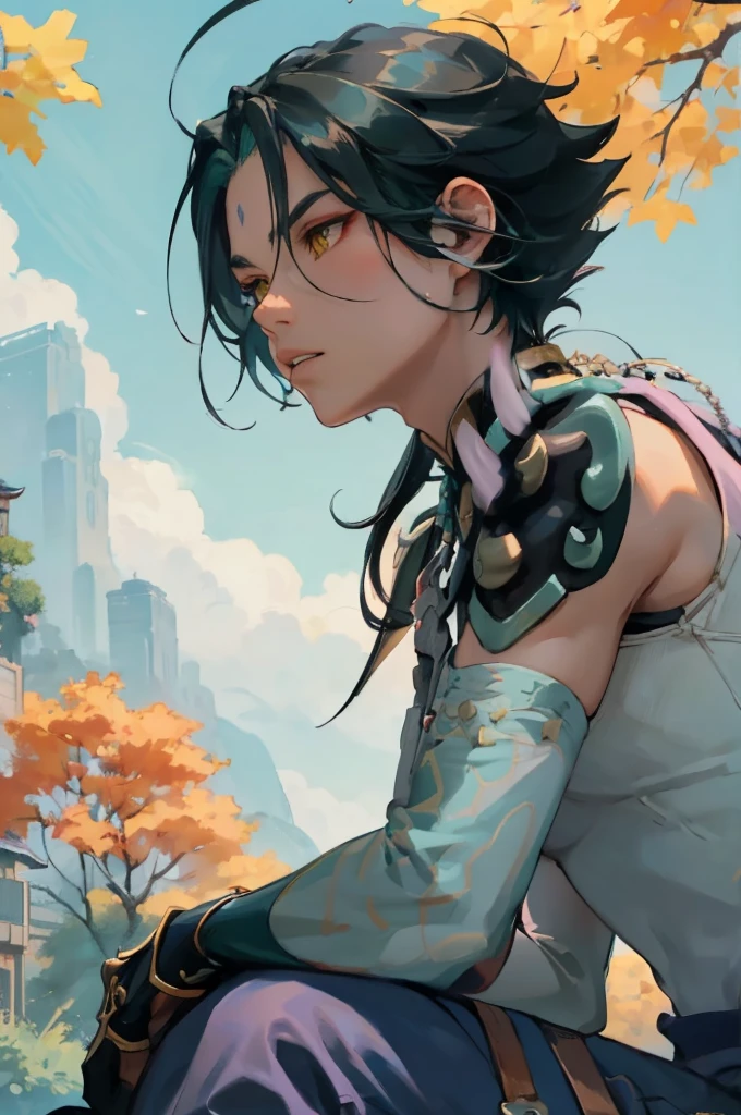 1 adult male solo,xiao \(genshin impact\), 1boy, male focus, short dark teal hair, yellow eyes, white sleeveless shirt, necklace, green tattoo on arm, detached white sleeve, black gloves, wide blue pants, black boots, pink and purple clothes details, black shoulder armor with spikes, outside, chinese mountains, yellow autumn trees, tree leaf falling, windy weather, dramatic light, movie poster style, cinematic shot, book cover, epic