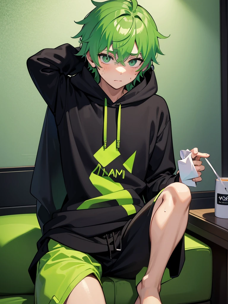 A shy man with lime green hair black sweat pants black hoodie and a green shirt under the hoodie and a burn mark on the left side of his face 