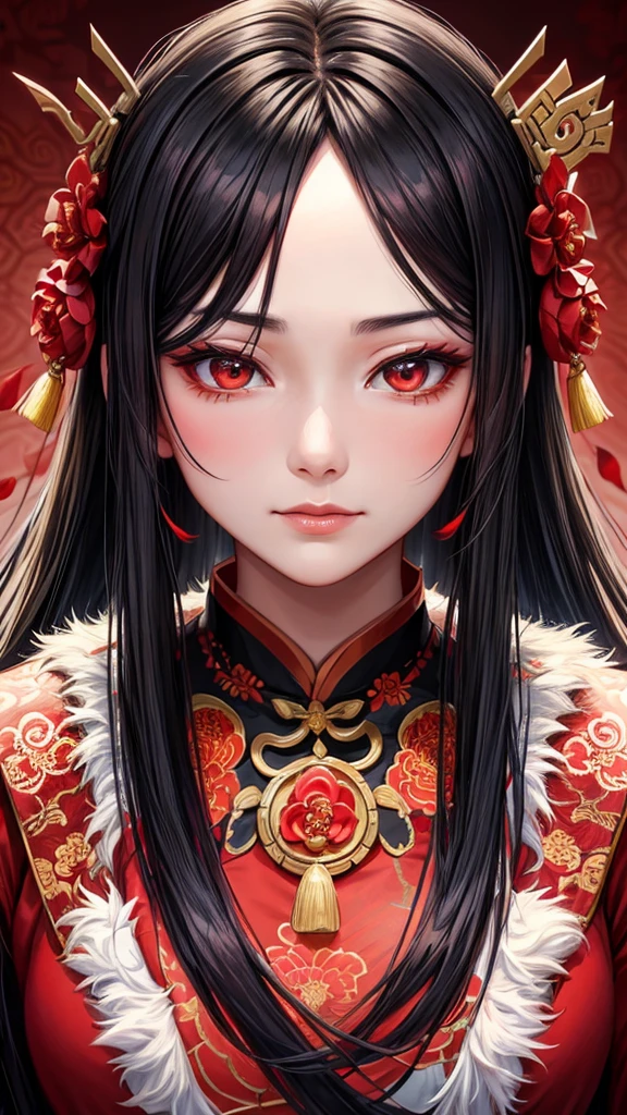 Chinese ancient style handsome girl,frontal close-up,facial close-up,black long hair,wearing ancient Chinese red wedding clothes,wedding clothes with patterns,red petals flying in the air,the background is a gorgeous wedding palace,delicate facial features,details painting,fantasy art,animation aesthetics, HD 8 --ar 9:16 --niji 5