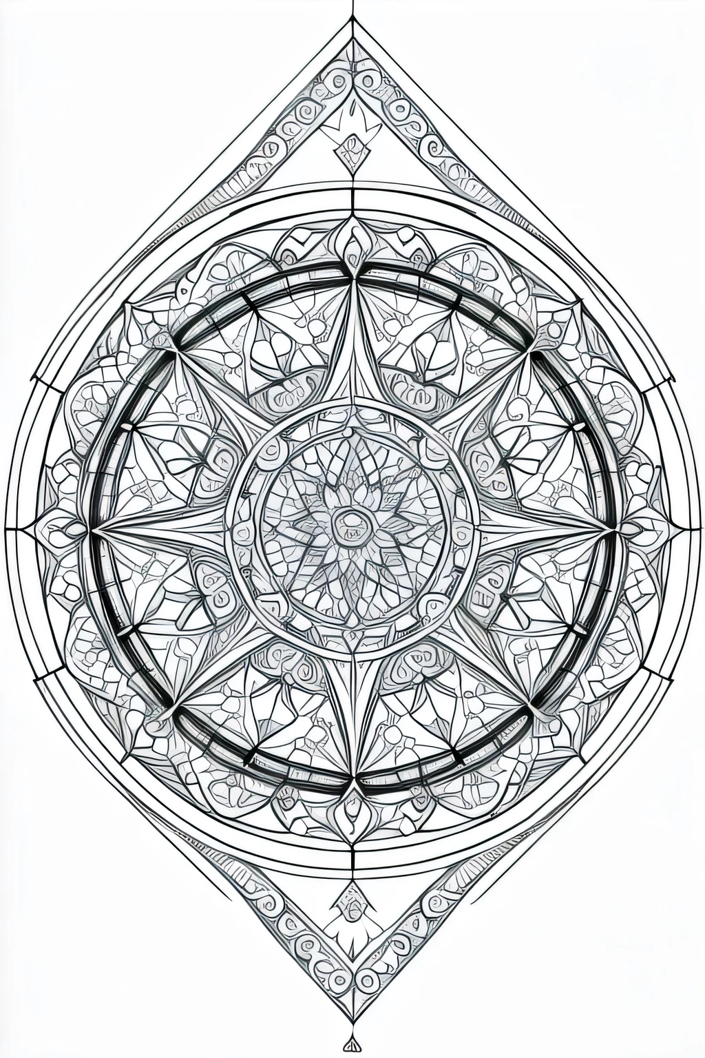 Design a line art mandala with geometric shapes such as triangles, squares, and circles, meticulously arranged in a balanced and harmonious pattern on a white background.