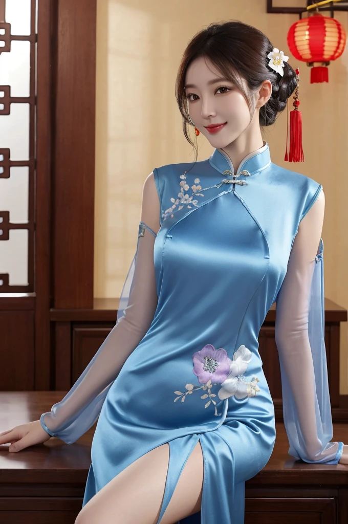 ch30ngs4m_1, best quality, masterpiece, illustration, Practical, photo-Practical, Astonishing, Fine details, Ridiculous, Huge file size, Extremely detailed, high resolution, Extremely detailed CG unity 8k wallpaper, Not suitable for working hours, Sexy, Charming smile, Sexual suggestion, A young Korean woman, Wearing modified cheongsam, Elegantly situated in a room decorated for the Lunar New Year. This cheongsam is made of blue silk,It is embroidered with silver and lilac flowers. The sleeves are transparent, Skirt front slit,The woman's hair is tied in a traditional Korean bun, She wears delicate makeup. The room is filled with red lanterns and other festive decorations. Soft lighting brings a warm glow to the scene.