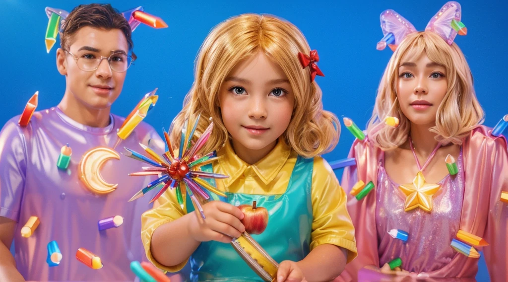  The image is a vibrant and whimsical representation of a child's imagination, featuring a young girl with blonde hair holding a colorful apple and surrounded by a group of friendly cartoon characters, smooth 3d model, glossy plastic texture, multiple light sources, rim light, sharp post effects render, most beautiful vfx, , realistic, 4k, high resolution, rim light, smooth 3d model. ,  glossy texture, smooth 3d model, multiple light sources, rim light, sharp post effects render, (glossy plastic texture with multiple big light probe refractions), perfect cgi,   reflective, best quality, 4k, masterpiece:1.2, ultra-detailed, realistic, vivid colors, The image of the highest quality, ensuring every detail showcased perfectly. It in 4k resolution, allowing viewers to immerse themselves in the richness of the colors and intricate details. The realistic rendering. under the spotlight, reflecting, high-resolution image, realistic rendering