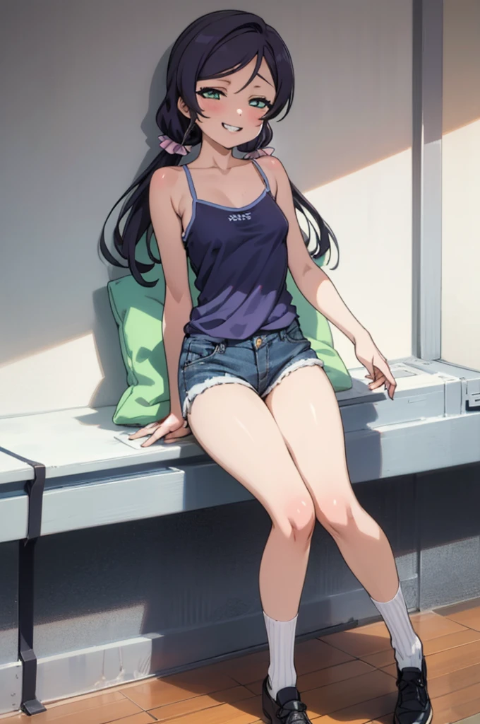 1girl, nozomi toujou,,6yo,(ite),medium breasts,,,camisole,denim shorts,looking viewer,grin,socks,(nsfw)