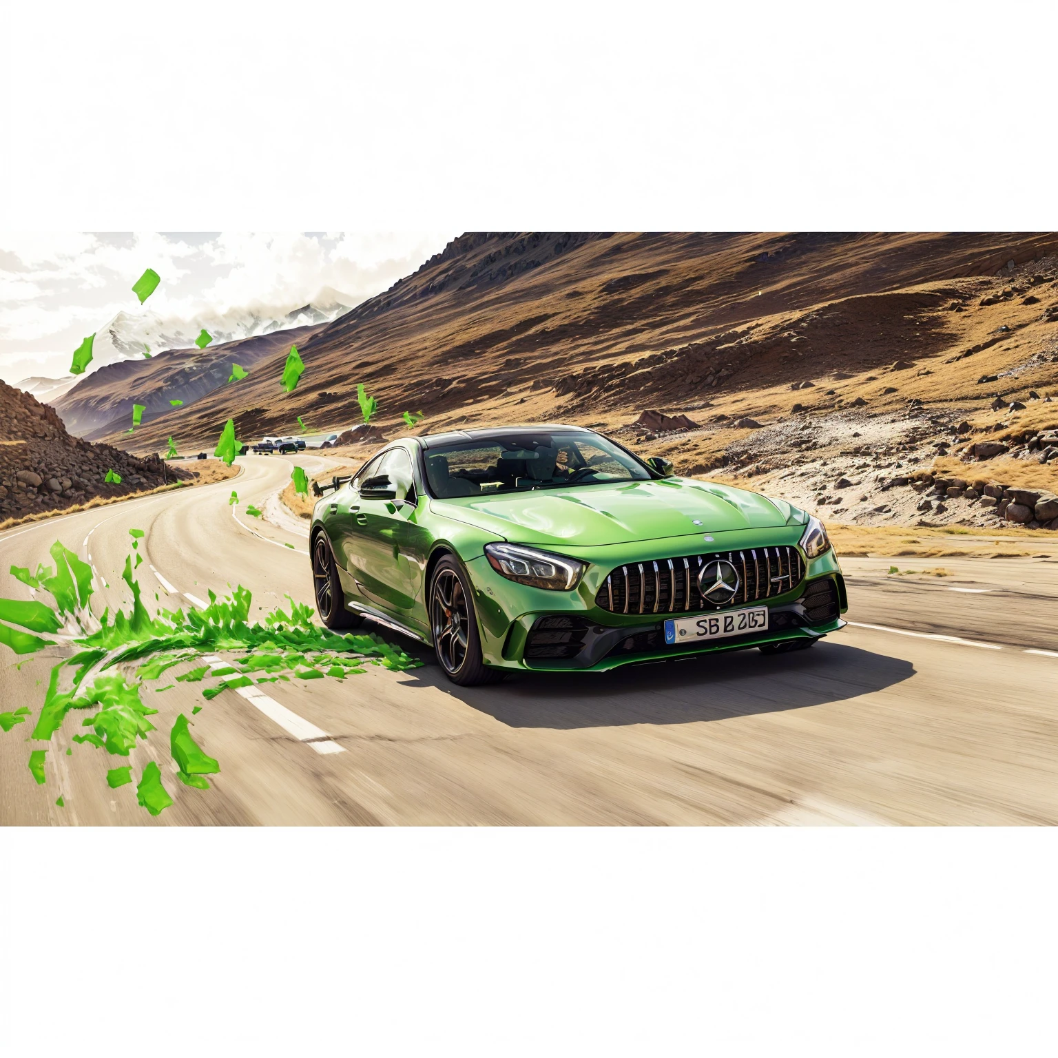 Close-up:A green car driving on the road,A mountain in the background, Car Photography, 2 0 1 9, 2019, Automotive commercial photography, High Rendering, Greenland, 2 0 1 8, Mercedes, 2018, Movie , - 7 6 8, edit, Subtle details, Nine thousand, 9k, Inspiring