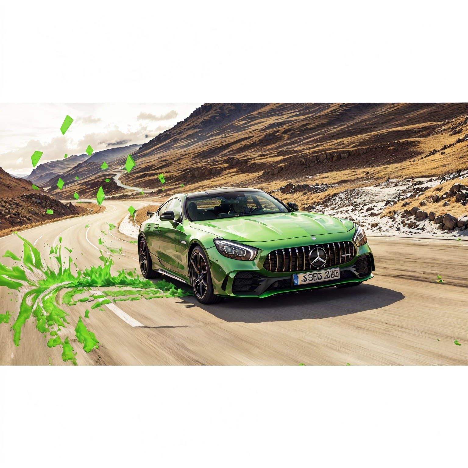 Close-up：A green car driving on the road，A mountain in the background, Car Photography, 2 0 1 9, 2019, Automotive commercial photography, High Rendering, Greenland, 2 0 1 8, Mercedes, 2018, Movie ， - 7 6 8, edit, Subtle details, Nine thousand, 9k, Inspiring