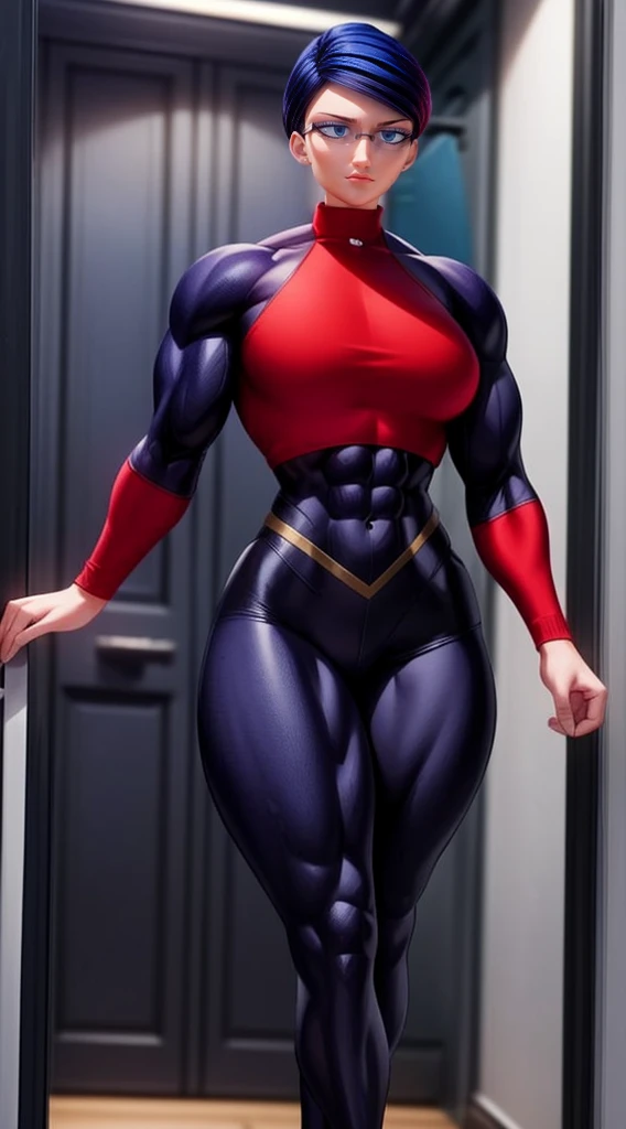 a muscular female bodybuilder in (( red bra inside (office suit) and her hair is (gradient of dark blue and red) from end to the right side of head)), detailed face, beautiful detailed eyes, beautiful detailed lips, ((extremely detailed face and muscles)), long eyelashes, strong muscles bulging through suit, dynamic pose, professional studio lighting, hyperrealistic, 8k, high quality, photorealistic, physically-based rendering, concept art, dramatic color palette,((abs)).