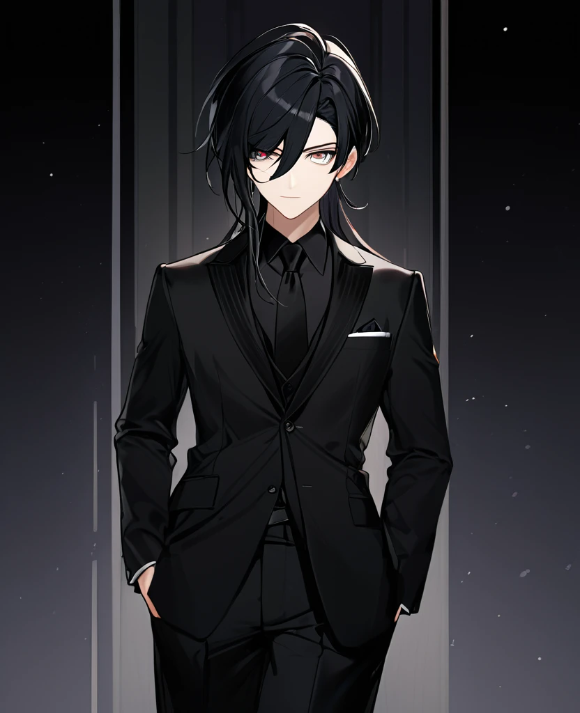  (black_hair), (dark_eyes),(vertical_slit_eyes), (detailed_eyes), (attractive), (emotionless), (void_Space_background), (male), (wearing _a_black_suit), (long_male_hair), (detailed_Hair), (detailed), (detailed_mouth),