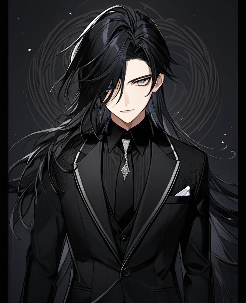  (black_hair), (dark_eyes),(vertical_slit_eyes), (detailed_eyes), (attractive), (emotionless), (void_Space_background), (male), (wearing _a_black_suit), (long_male_hair), (detailed_Hair), (detailed), (detailed_mouth),