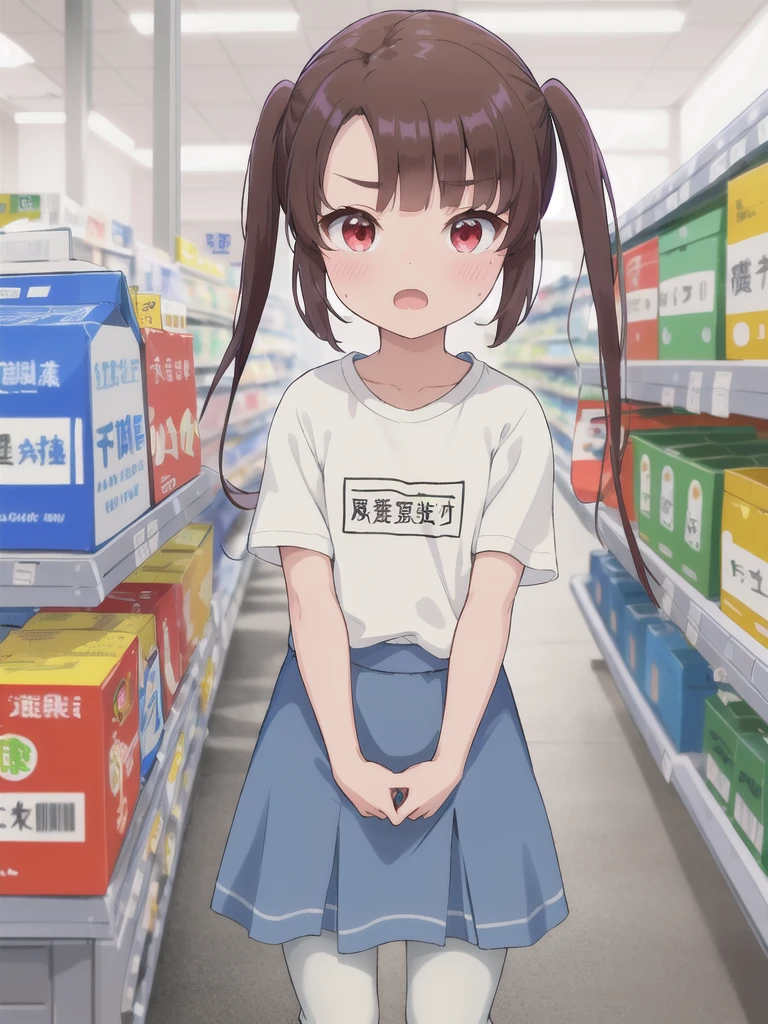 Highest quality,masterpiece,indoor,supermarket,Highest quality, (masterpiece:1.2), Very detailed, (masterpiece), (illustration),Are standing, (face focus),((upper body)), 1 Girl, Red eyes, Shine目,Long twin tails, brown hair, bangs, Shine, eyebrows visible through hair,((Plain white T-shirt)),((Plain blue skirt)), Flat Chest,shy, blush, (looking at viewer), Open your mouth,((skirt lift)),Blue and white striped pants,pussy line,