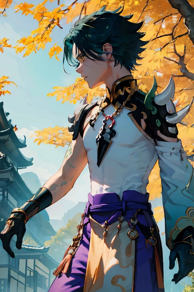 1 adult male solo,xiao \(genshin impact\), 1boy, male focus, short dark teal hair, yellow eyes, white sleeveless shirt, necklace, green tattoo on arm, detached white sleeve, black gloves, wide blue pants, black boots, pink and purple clothes details, black shoulder armor with spikes, outside, chinese mountains, yellow autumn trees, tree leaf falling, windy weather, dramatic light, movie poster style, cinematic shot, book cover, epic