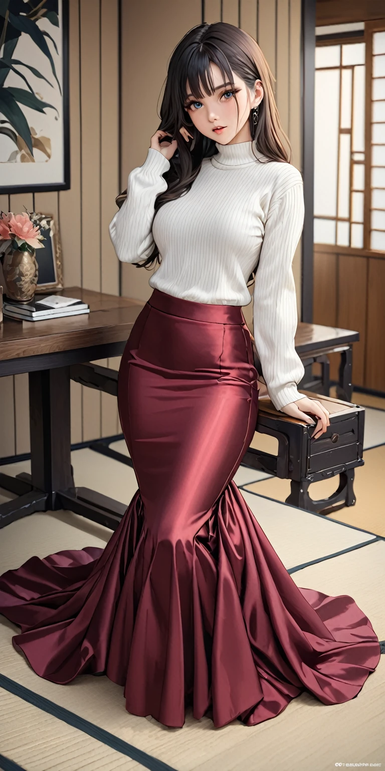 Portraiture、(masterpiece,Highest quality,Ultra-high resolution),Japanese women, (((Very beautiful 25 year old girl))),Long sleeve sweater、((Satin Mermaid Long Skirt))、The skirt is ankle-length、