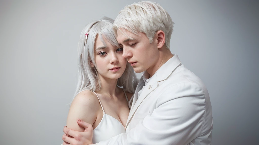 anime, cartoon, white hair girl in dress, white hair boy in suit, boy hugging the girl, shy, white skin,