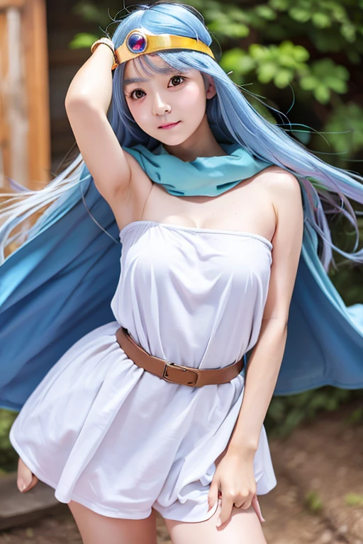 masterpiece、1 beautiful girl、fine eyes、Smile、puffy eyes、highest quality, 超High resolution, (reality: 1.4), movie lighting、Japanese、asian beauty、Korean、super beautiful、beautiful skin、body facing forward、close up of face、upper body close-up,(Ultra-realistic)、(High resolution)、(8k)、(very detailed)、(Beautiful and fine eyes)、(Super detailed)、 (wall-)、detailed face、bright lighting、professional lighting、looking at the viewer、look straight ahead、slanted bangs、Bright light blue hair、Nogizaka Idol、20-year-old、masterpiece, highest quality, Super detailed, shape, sage_(DQ3),long hair, blue hair, circlet, red eyes,small breasts, yellow gloves, white dress, belt, cape, boots,