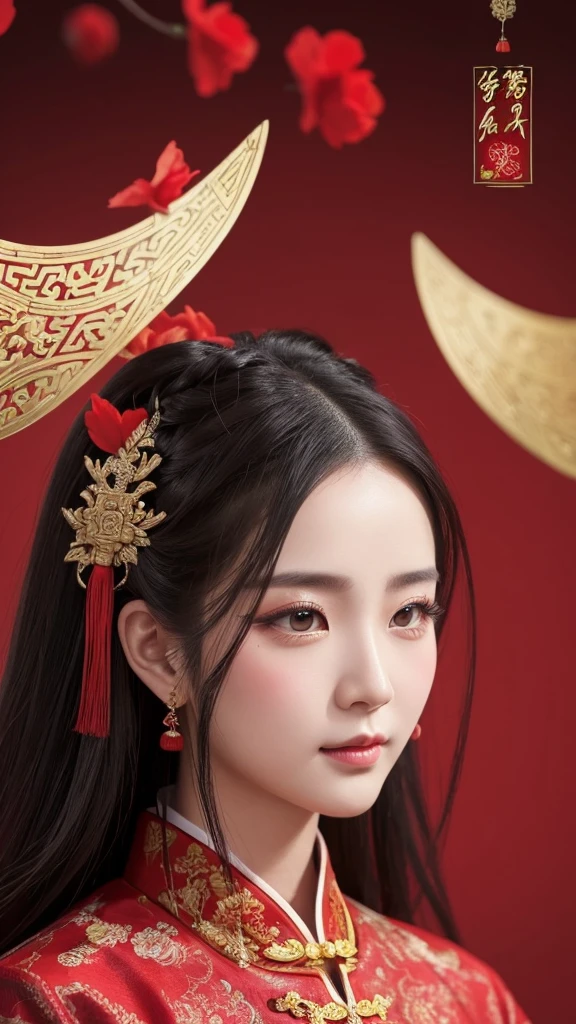 Chinese ancient style handsome girl,frontal close-up,facial close-up,black long hair,wearing ancient Chinese red wedding clothes,wedding clothes with patterns,red petals flying in the air,the background is a gorgeous wedding palace,delicate facial features,details painting,fantasy art,animation aesthetics, HD 8 --ar 9:16 --niji 5