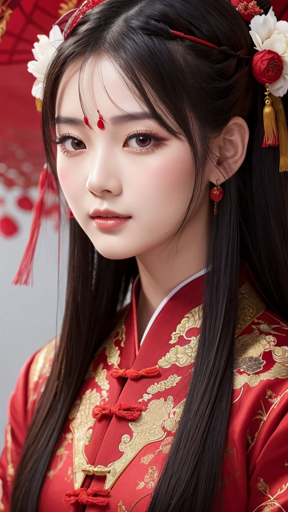 Chinese ancient style handsome girl,frontal close-up,facial close-up,black long hair,wearing ancient Chinese red wedding clothes,wedding clothes with patterns,red petals flying in the air,the background is a gorgeous wedding palace,delicate facial features,details painting,fantasy art,animation aesthetics, HD 8 --ar 9:16 --niji 5