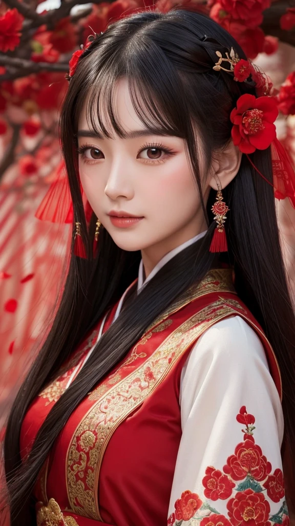 Chinese ancient style handsome girl,frontal close-up,facial close-up,black long hair,wearing ancient Chinese red wedding clothes,wedding clothes with patterns,red petals flying in the air,the background is a gorgeous wedding palace,delicate facial features,details painting,fantasy art,animation aesthetics, HD 8 --ar 9:16 --niji 5