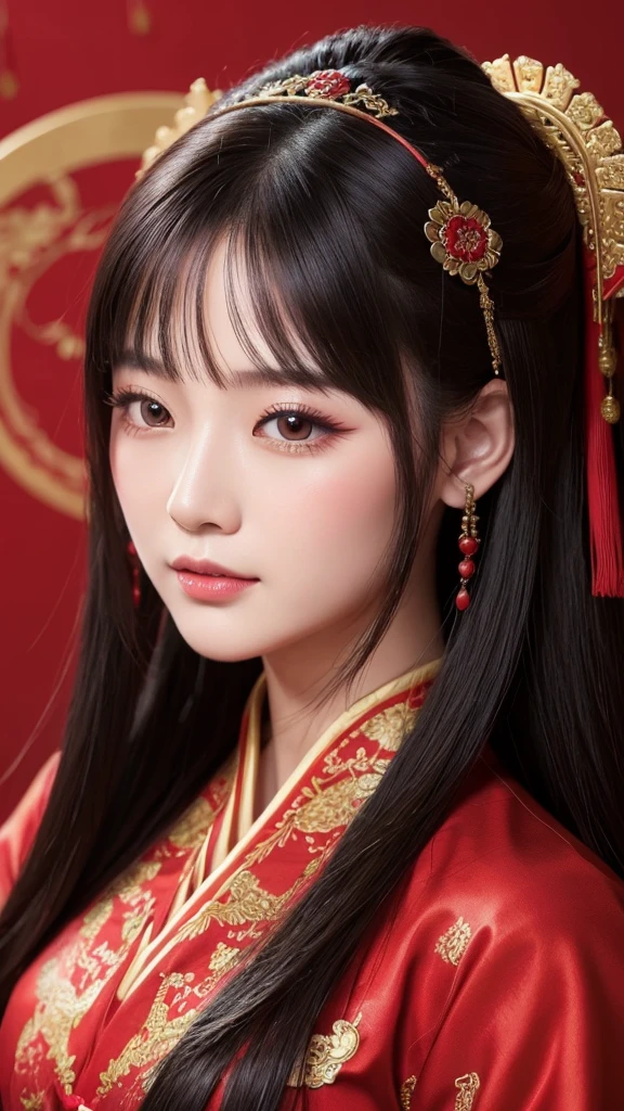 Chinese ancient style handsome girl,frontal close-up,facial close-up,black long hair,wearing ancient Chinese red wedding clothes,wedding clothes with patterns,red petals flying in the air,the background is a gorgeous wedding palace,delicate facial features,details painting,fantasy art,animation aesthetics, HD 8 --ar 9:16 --niji 5