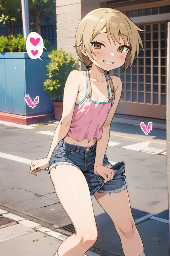 (((pixel-perfect, detail-perfect))), solo, 1girl, yui ichii, , , looking at viewer, smile,,,looking viewer,,spoken heart,***,(petite),flat chest,grin,outdoor,camisole,denim shorts,socks,(nsfw)