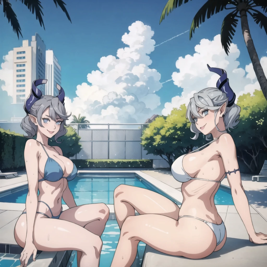 　3 girls High level image quality　best image quality　8K　 adult woman    pool party  rain　palm trees  more colors   whole body view　portrait　 bikini   　horn    ears  　short hair（（shortcut）（gray hair）（perm）（fluffy））　eye color is blue ,  , 　attractive evil face , smile   ,  sexy pose   ,  labrynth ,  barearm    ,     , standing view from behind  by the pool , crossed legs  , all wet , wet hair 