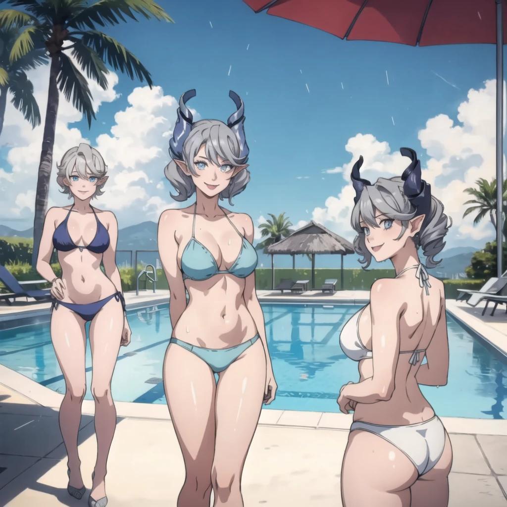 　3 girls High level image quality　best image quality　8K　 adult woman    pool party  rain　palm trees  more colors   whole body view　portrait　 ??????   　horn    ears  　short hair（（shortcut）（gray hair）（perm）（fluffy））　eye color is blue ,  , 　attractive evil face , smile   ,  ???? pose   ,  labrynth ,  barearm    ,     , standing view ???????????  by the pool , crossed legs  , all wet , wet hair 