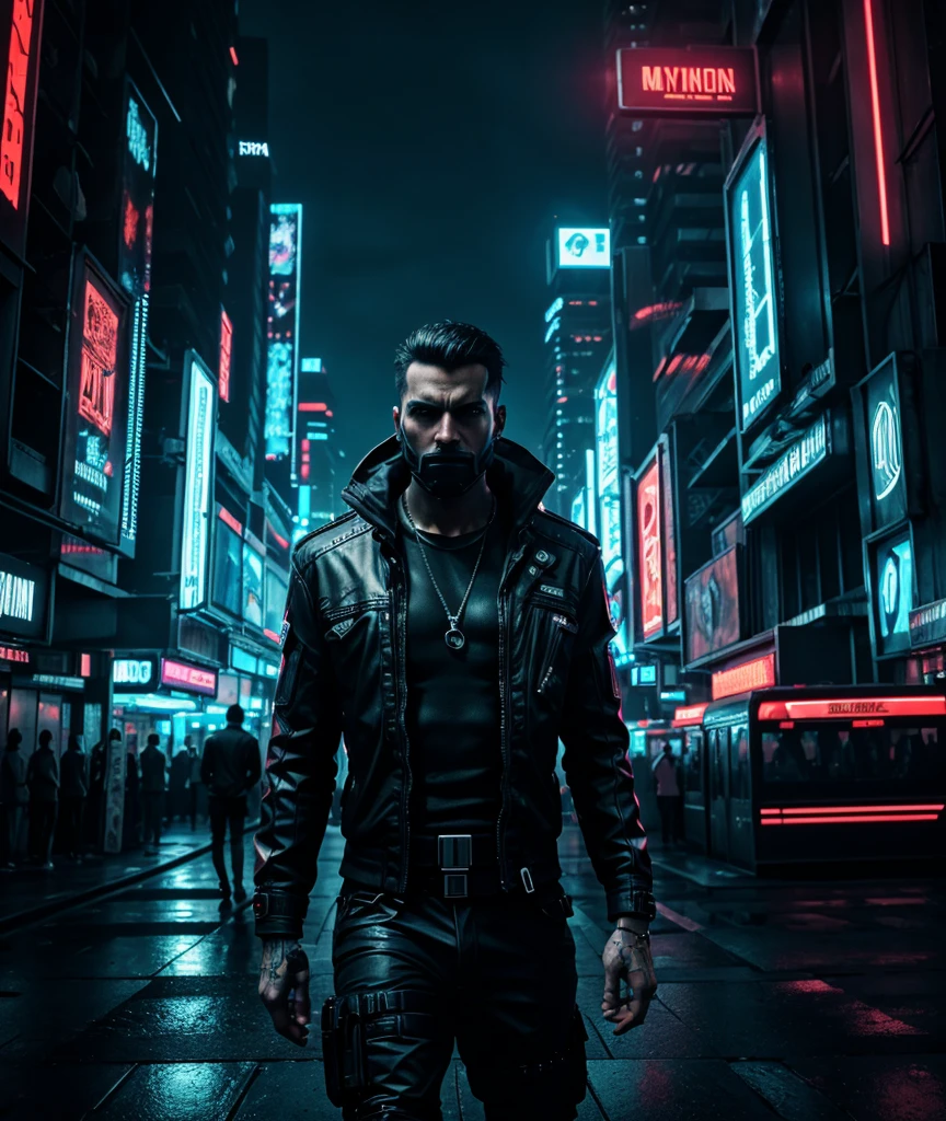A man in a dark, futuristic city, ultra detailed and realistic, cinematic lighting, dramatic pose, intense expression, cyberpunk, neon cityscape, moody colors, hyper detailed