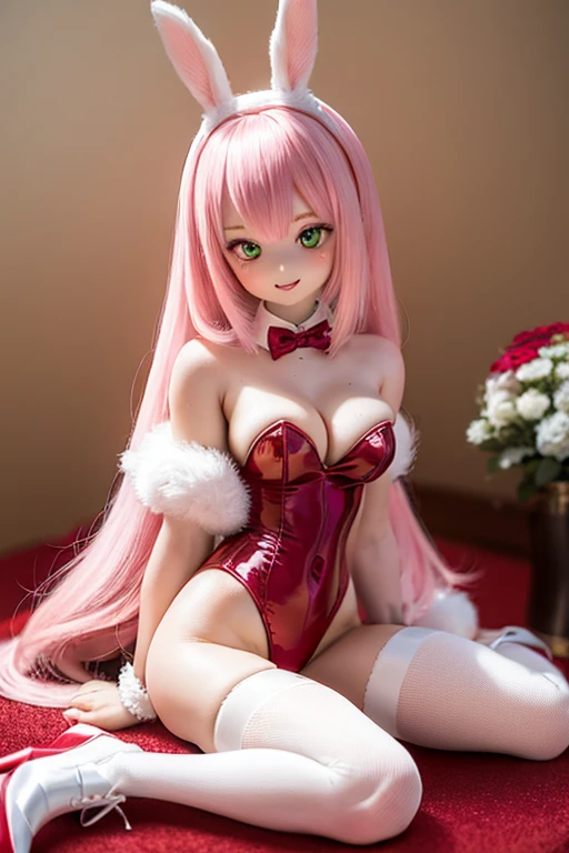 a pink-haired girl with a playboy bunny costume sitting on a white box, (mature woman:1.6), solo, fake animal ears, playboy bunny, rabbit ears, red leotard, thighhighs, long hair, high heels, rabbit tail, detached collar, bow, wrist cuffs, pink hair, green eyes, tail, fake animal ears, sitting, leotard, breasts, bowtie, red high heels, looking at viewer, bangs