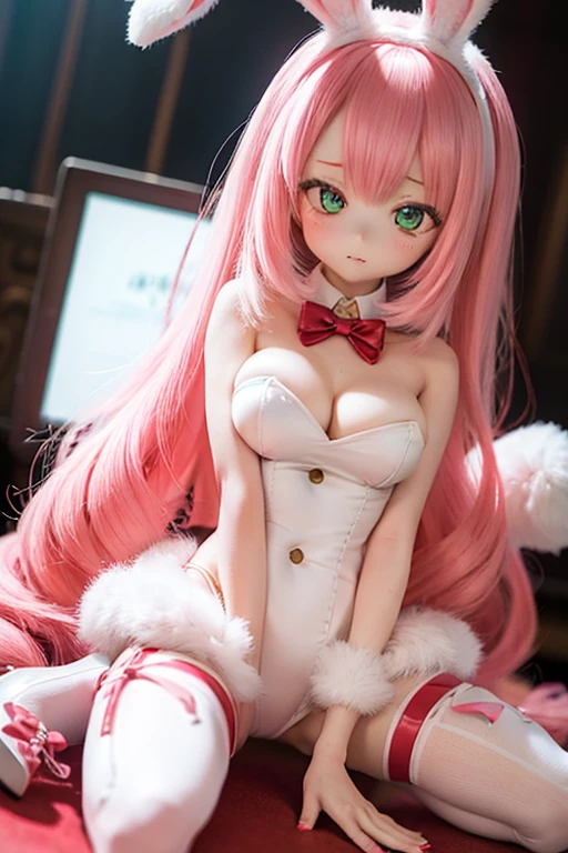 a pink-haired girl with a playboy bunny costume sitting on a white box, (mature woman:1.6), solo, fake animal ears, playboy bunny, rabbit ears, red leotard, thighhighs, long hair, high heels, rabbit tail, detached collar, bow, wrist cuffs, pink hair, green eyes, tail, fake animal ears, sitting, leotard, breasts, bowtie, red high heels, looking at viewer, bangs