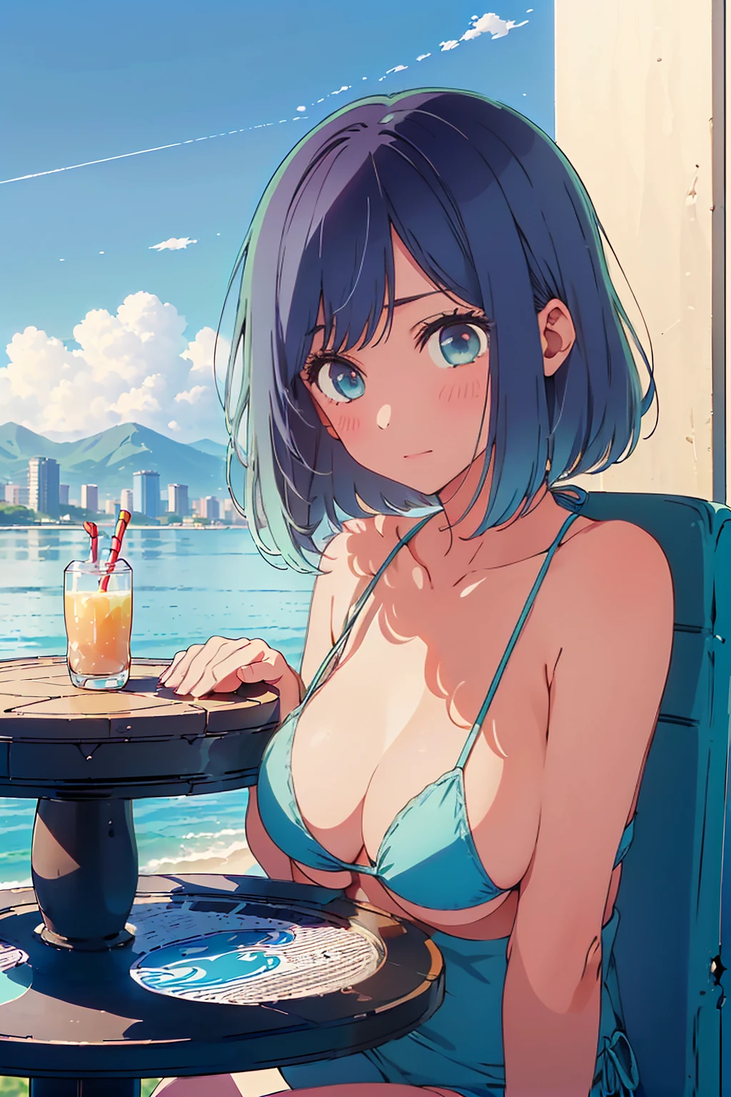 (Highest quality:1.4、masterpiece:1.4、Super detailed:1.4、Ultra-high resolution:1.4、8K:1.4)、F cup bust、Big Breasts、Slim body、((((1 person、Surprised expression、sit、Chair、In the background are the urban buildings of Tokyo、looking at the camera、Outdoor café terrace、coastal、juice、Shooting up close、table、Very cute face))))、(Pose with hands tucked behind ears:1.4、Cheek resting on hand:1.4）、((nude、very beautiful areola))、bikini、Very blue sky、A completely cloudless sky