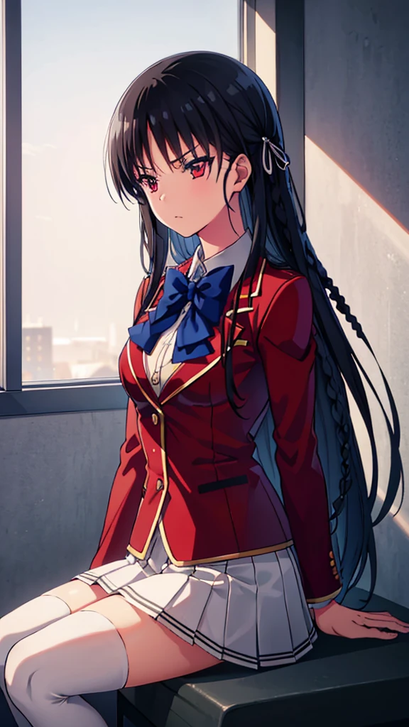 masterpiece, best quality, high resolution, best illustration, super fine illustration, (official art:0.7), (anime screencap:0.8), detailed beautiful face and eyes, anime keyvisual, (perfect anatomy:1.1), 8k portrait, (detail focus fingers:1.2),
1girl,
Suzune Horikita, ,
Suzune Horikita \(youjitsu\),
long hair, braid,
black hair,
(red eyes:1.2), slant eyes, small eyes,
blue bow,
medium breasts,
(school uniform, red jacket, white skirt, pleated skirt, black thighhighs),
looking away,
cowboy shot, sitting,
natural light, background of indoor, School building, shoot from side,
