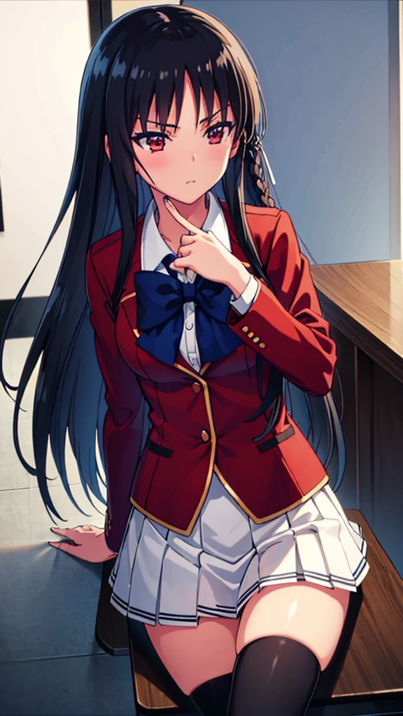 masterpiece, best quality, high resolution, best illustration, super fine illustration, (official art:0.7), (anime screencap:0.8), detailed beautiful face and eyes, anime keyvisual, (perfect anatomy:1.1), 8k portrait, (detail focus fingers:1.2),
1girl,
Suzune Horikita, ,
Suzune Horikita \(youjitsu\),
long hair, braid,
black hair,
(red eyes:1.2), slant eyes, small eyes,
blue bow,
medium breasts,
(school uniform, red jacket, white skirt, pleated skirt, black thighhighs),
looking away,
cowboy shot, sitting,
natural light, background of indoor, School building, shoot from side,