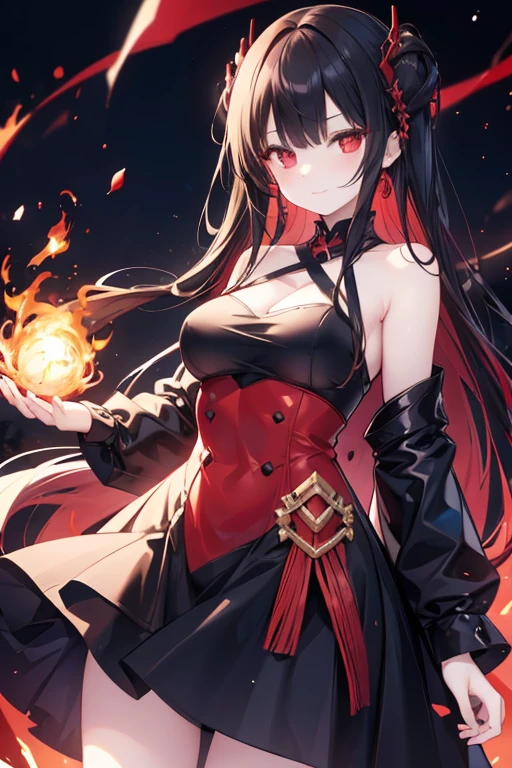 A black haired woman with orange eyes is playing with fire in a gothic circus tent in a sparkling outfit