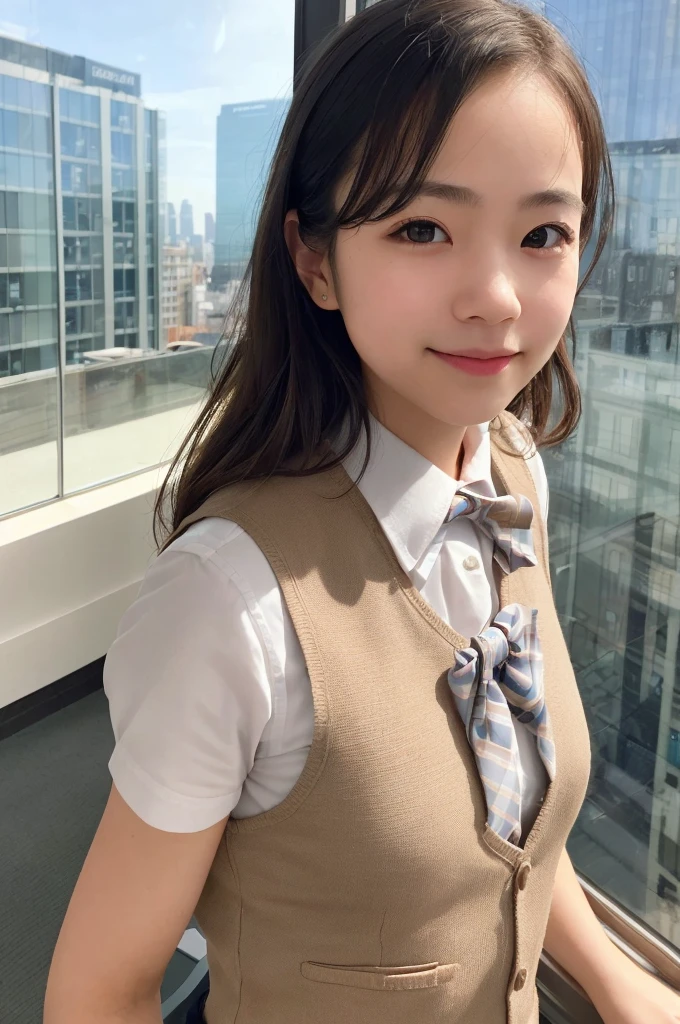 1girl, matured female, vest, bow, photo, realistic, best quality, hires, detailed face, office, buildings from window, detailed background, diffused sunlight, depth of field, bokeh