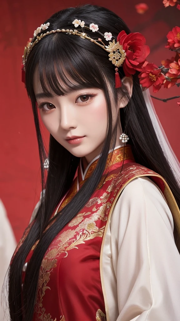 Chinese ancient style handsome girl,frontal close-up,facial close-up,black long hair,wearing ancient Chinese red wedding clothes,wedding clothes with patterns,red petals flying in the air,the background is a gorgeous wedding palace,delicate facial features,details painting,fantasy art,animation aesthetics, HD 8 --ar 9:16 --niji 5