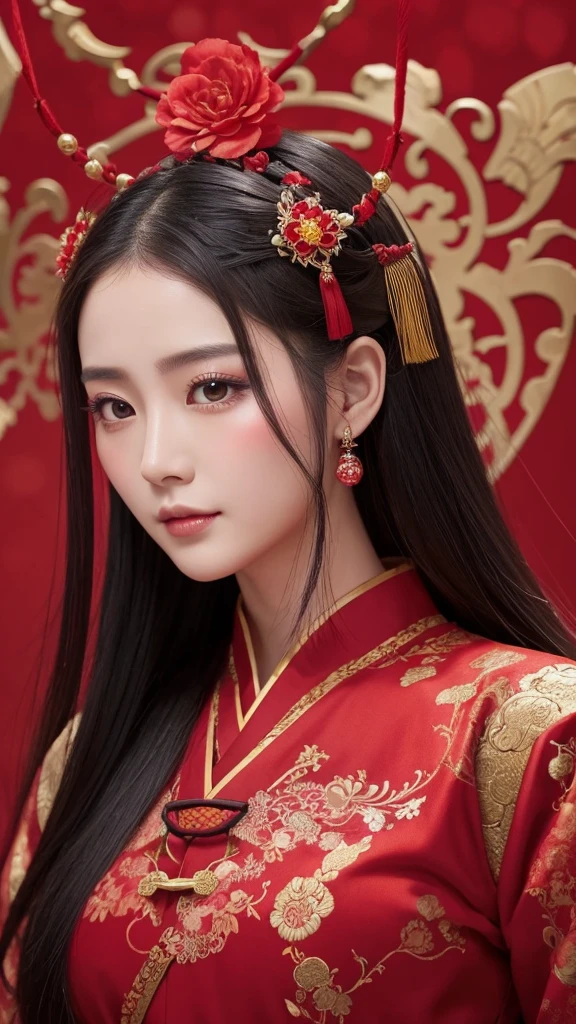 Chinese ancient style handsome girl,frontal close-up,facial close-up,black long hair,wearing ancient Chinese red wedding clothes,wedding clothes with patterns,red petals flying in the air,the background is a gorgeous wedding palace,delicate facial features,details painting,fantasy art,animation aesthetics, HD 8 --ar 9:16 --niji 5