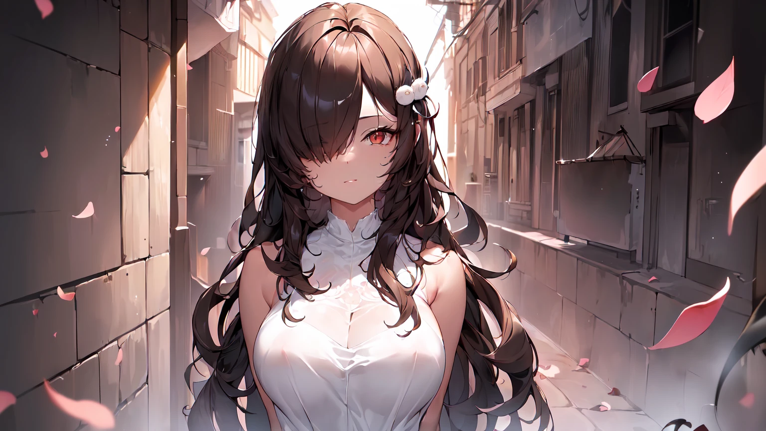 ((((Obra maestra, La mejor calidad, ultrahigh resolution)))), 1girl, standing,), ((long pure brown hair, hair over eye)), long hair cut, shiny skin, ((red eyes)), glowing_eyes, neon eyes, (ultra detailed eyes:0.7, beautiful and detailed face, detailed eyes:0.9), ((centered)), smirk, facing viewer, ((vibrant background, dark lighting, summer, sunlight)), large chested, looking at viewer, ((half closed eyes)), ((perfect hands)), (((head:1, arms, hips in view, elbows, in view))), ((hands behind back)), empty eyes, beautiful lighting, ((outside, outdoors)), defined subject, head tilt, (((gritty)), ((creepy)), ((cool)), ((beautiful)), (((SFW))), hair ornament, petals in the air, moon in the sky, city, mature woman, adult woman, sfw, pink and white dress, night dress, she is a princess, 