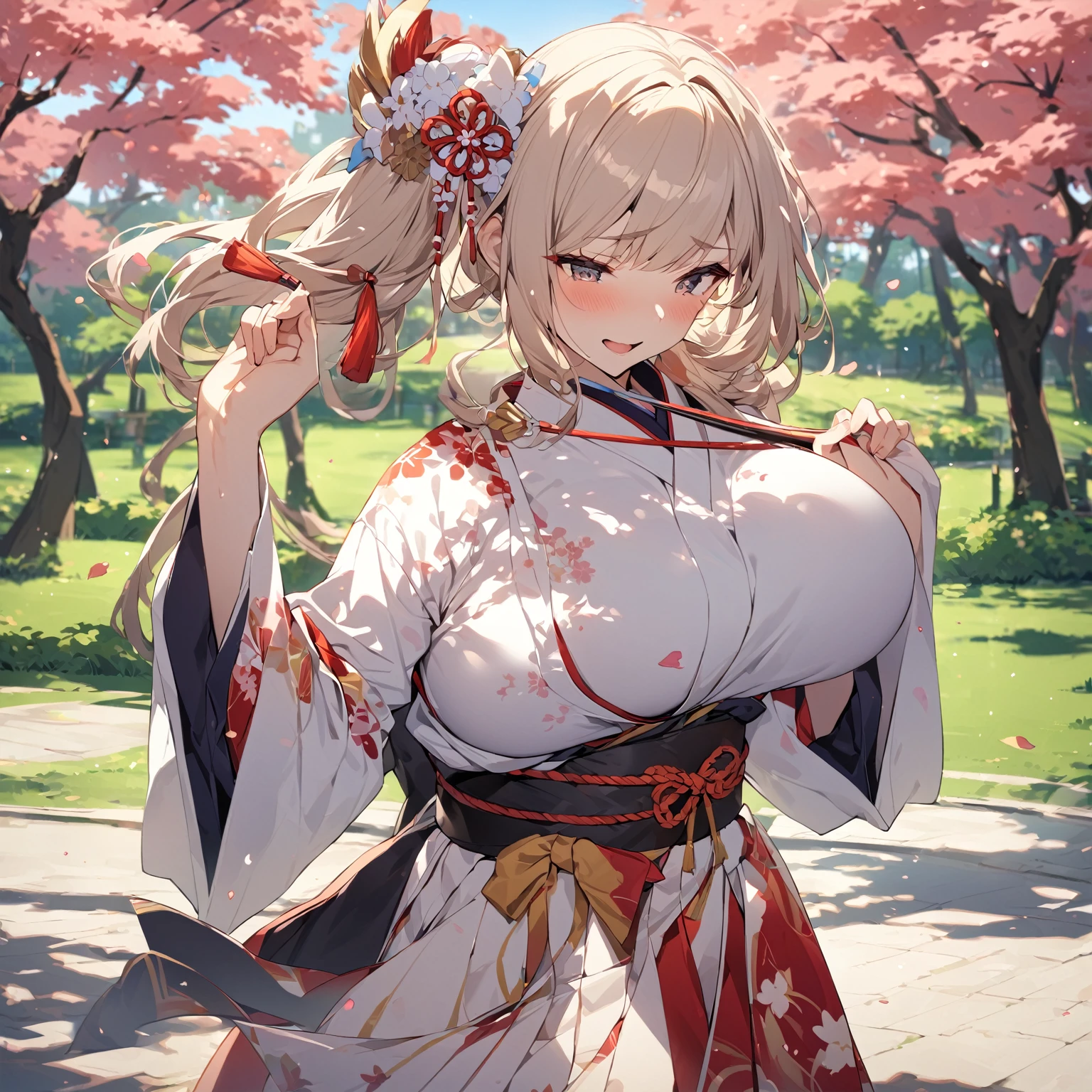 Girl wearing Japanese uniform in a park, her body is athletic with big breasts