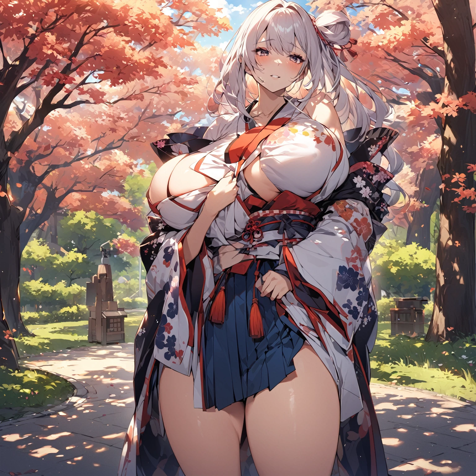 Girl wearing Japanese uniform in a park, her body is athletic with big breasts