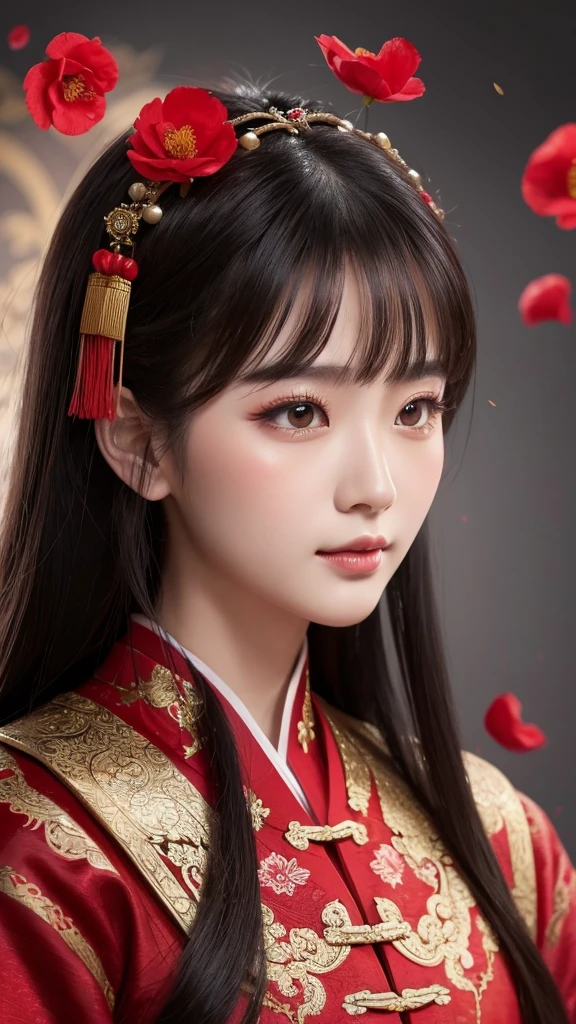 Chinese ancient style handsome girl,frontal close-up,facial close-up,black long hair,wearing ancient Chinese red wedding clothes,wedding clothes with patterns,red petals flying in the air,the background is a gorgeous wedding palace,delicate facial features,details painting,fantasy art,animation aesthetics, HD 8 --ar 9:16 --niji 5