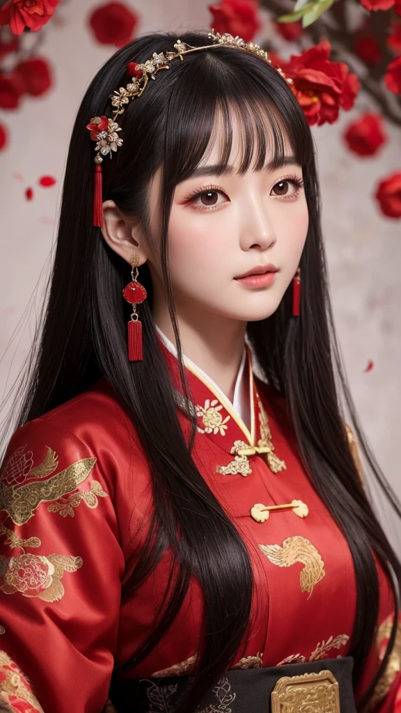 Chinese ancient style handsome girl,frontal close-up,facial close-up,black long hair,wearing ancient Chinese red wedding clothes,wedding clothes with patterns,red petals flying in the air,the background is a gorgeous wedding palace,delicate facial features,details painting,fantasy art,animation aesthetics, HD 8 --ar 9:16 --niji 5