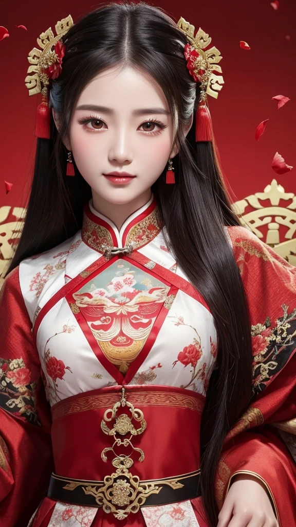 Chinese ancient style handsome girl,frontal close-up,facial close-up,black long hair,wearing ancient Chinese red wedding clothes,wedding clothes with patterns,red petals flying in the air,the background is a gorgeous wedding palace,delicate facial features,details painting,fantasy art,animation aesthetics, HD 8 --ar 9:16 --niji 5