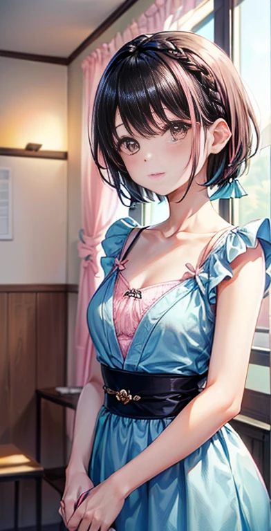 (8K、Raw photography、Highest quality、masterpiece:1.2),(Black-haired、Very short hair:1.8),(twin mitsu braid:1.4)、View Audience,Viewed from the front,erotic,白いskin,(She is wearing pink and light blue 。.:1.7)、()、(Clothing that emphasizes the shape of your chest、Publish one'skin:1.8)、(Big Breasts :1.4)、Slim figure、Ultra-high resolution,beautiful,beautiful fece,(alone、No background:1.9),whole bodyボディー,Japanese women,(Photorealistic:1.37)、Photon Mapping,reality、(Baby-faced and cute: 1.0)、(Cute Smile: 1.7)、(With a round face: 1.7)、Radio City、Physically Based Rendering、Depth of field rally background、photograph, (I can see your knees,Short skirt、Thigh close-up:1.5),whole body、Super quality