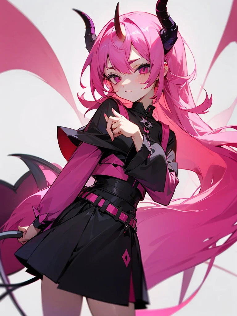 A demon with black little horn pink hair and a demon tail
