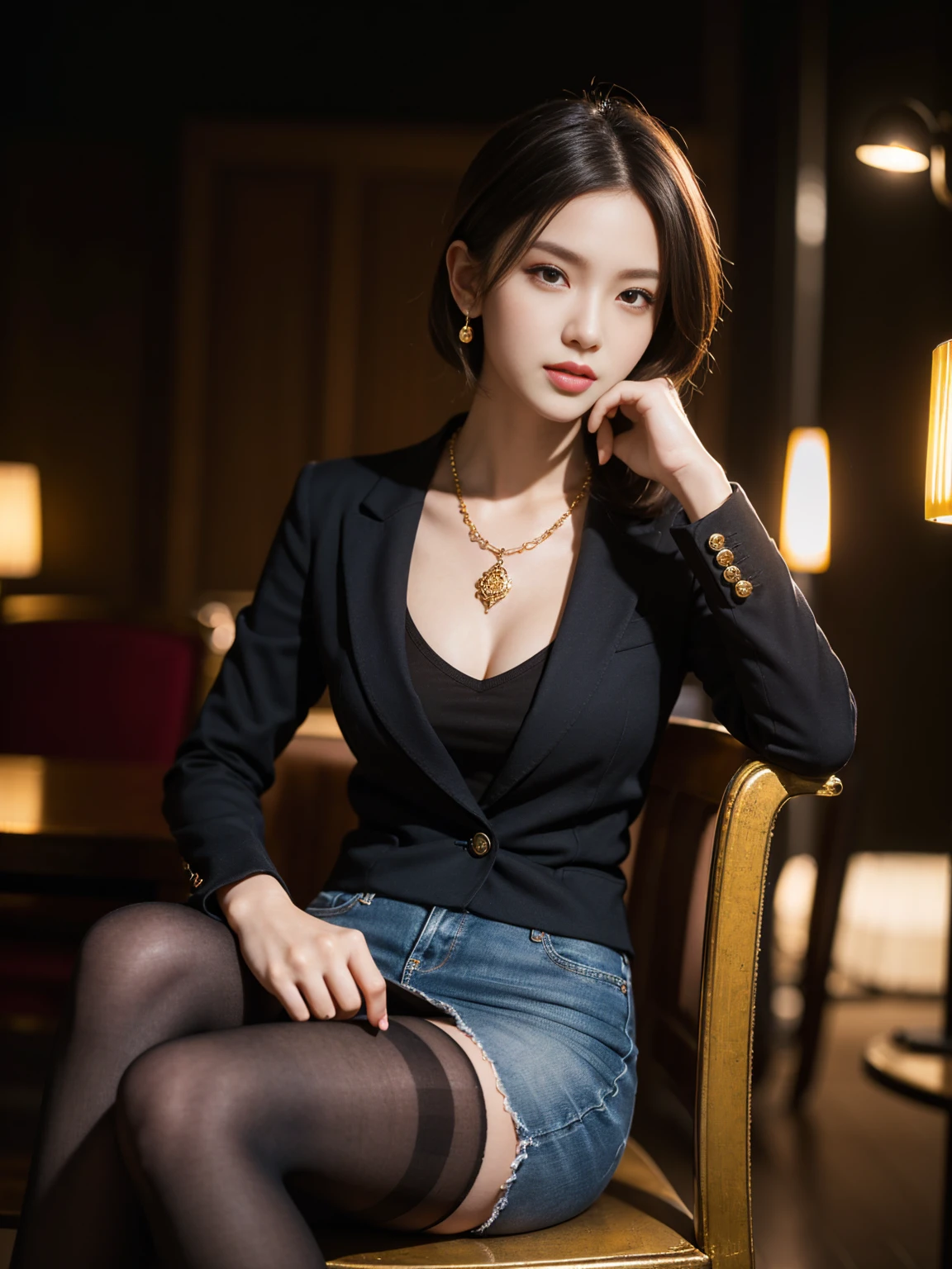8K, masterpiece, RAW Photos, Highest quality, Realistic, Highly detailed CG Unity 8K wallpaper, Depth of written boundary, Cinematic Light, Lens flare, Ray-tracing, (Very beautiful face, Beautiful Lips) , Beautiful Eyes), Intricately detailed face, ((Ultra-dense skin)) 1 girl, In the Dark, Deep Shadow, Chanel Suit (reality), Pencil Mini Skirt, Matte black pantyhose,Unprotected lower body、Diamond Necklace、 Gold Wave Hair, (Red eyes) :1.1), Slender body, Realistic Face, Dramatic lighting, Louboutin 20cm high heels at midnight, Sitting on a chair at the party venue, design: New Jeans danielle
